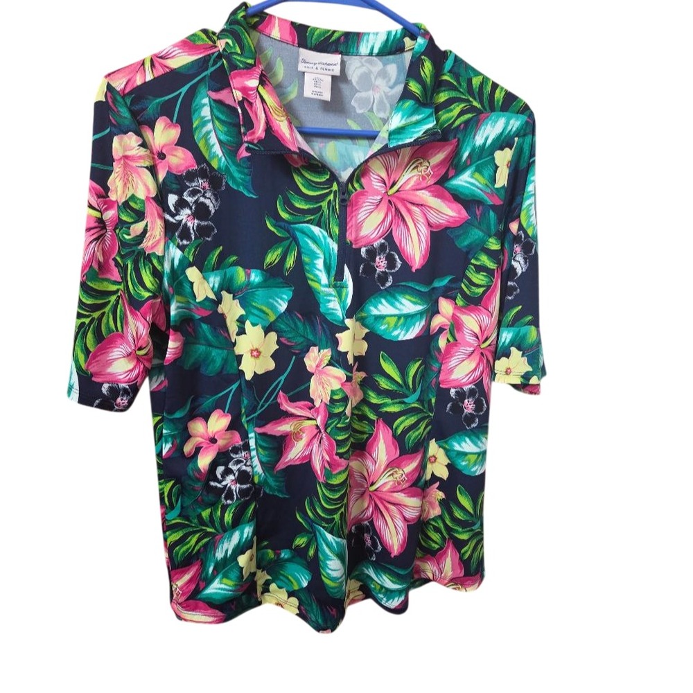 Tommy Bahama Golf Tennis Polo Shirt Women's Large L Floral Quarter Zip Tropical